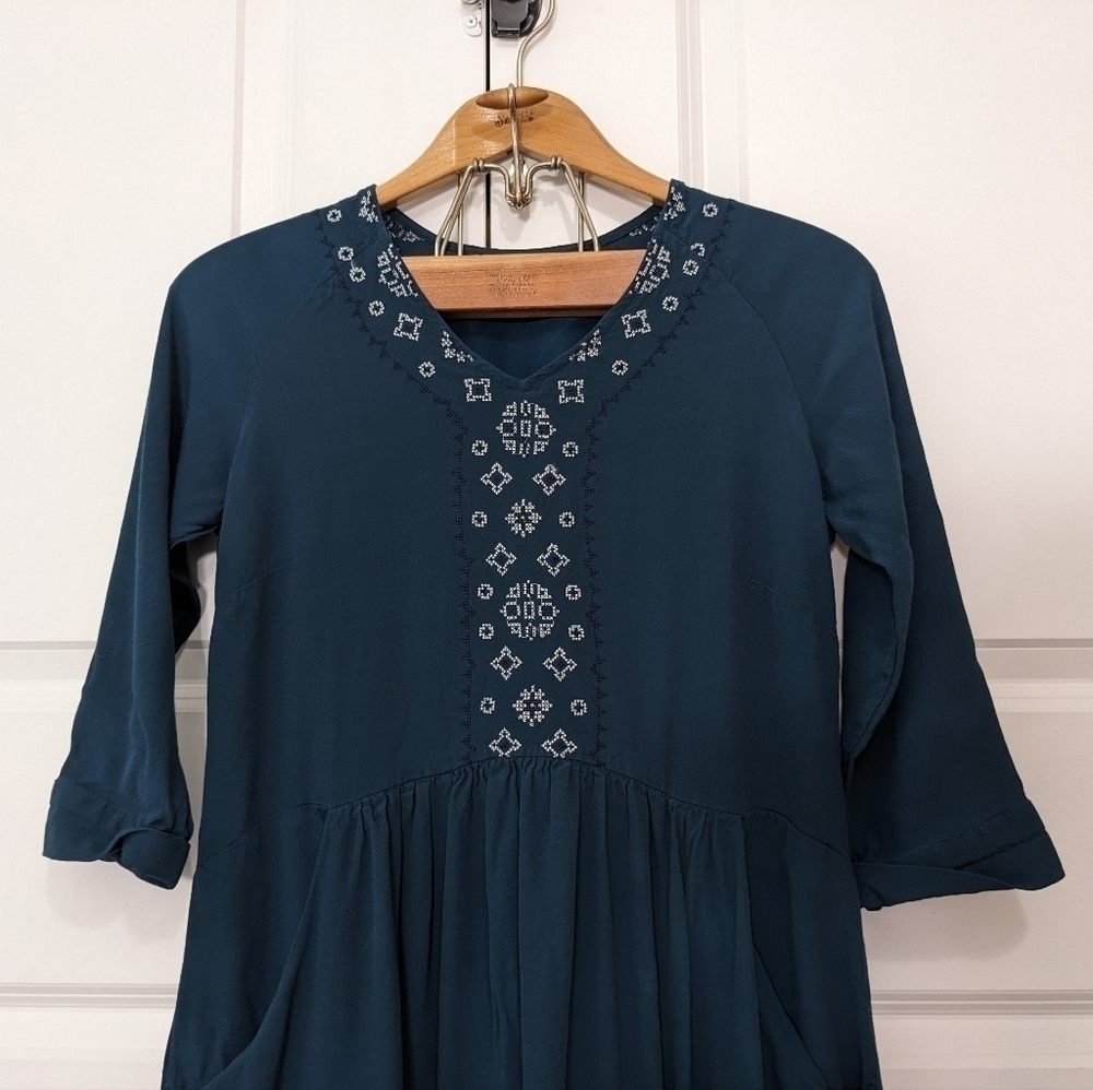 Garnet Hill Dress Women's 6 Green Teal Embroidered Detail Boho Pockets - Picture 3 of 6